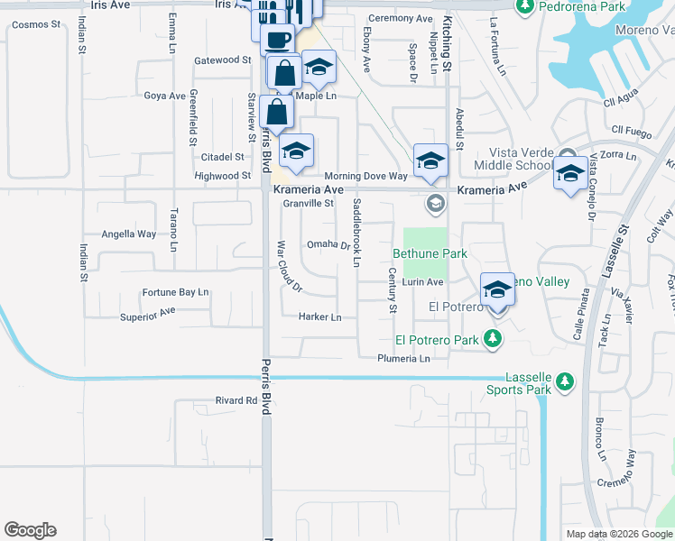 map of restaurants, bars, coffee shops, grocery stores, and more near 16736 Secretariat Drive in Moreno Valley