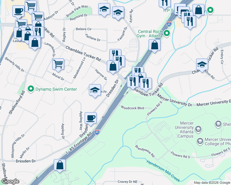 map of restaurants, bars, coffee shops, grocery stores, and more near 3053 Quantum Lane in Atlanta