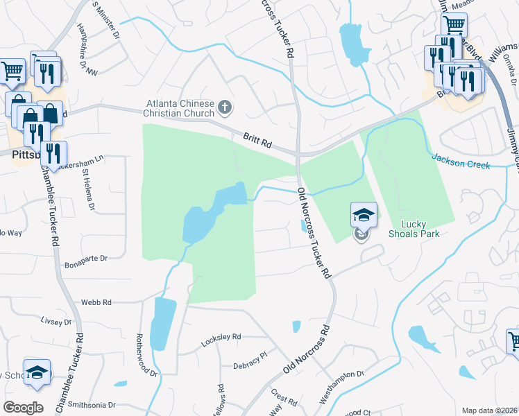 map of restaurants, bars, coffee shops, grocery stores, and more near 6646 Royal Oak Court in Tucker