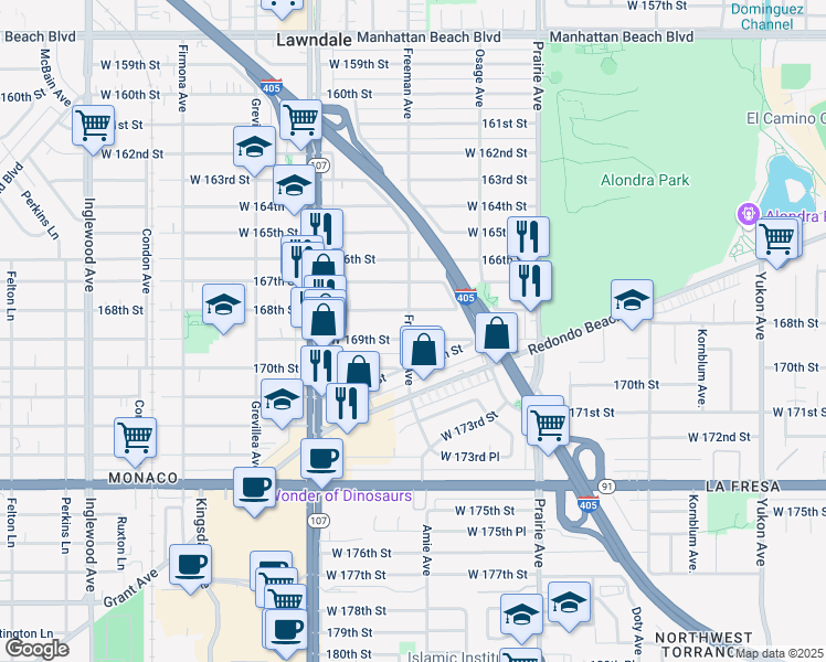 map of restaurants, bars, coffee shops, grocery stores, and more near 4170 169th Street in Lawndale