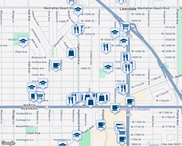 map of restaurants, bars, coffee shops, grocery stores, and more near 4703 West 169th Street in Lawndale