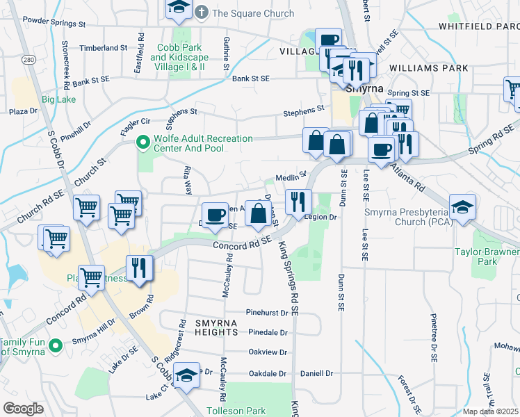 map of restaurants, bars, coffee shops, grocery stores, and more near 1130 McLinden Avenue Southeast in Smyrna