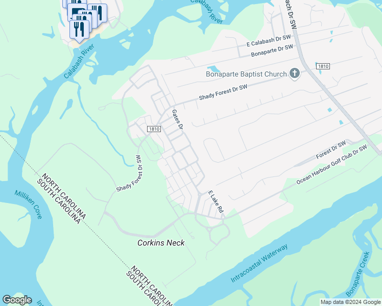 map of restaurants, bars, coffee shops, grocery stores, and more near 9149 East Bramshill Road Southwest in Calabash