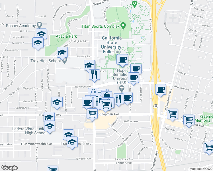map of restaurants, bars, coffee shops, grocery stores, and more near 2438 Nutwood Avenue in Fullerton