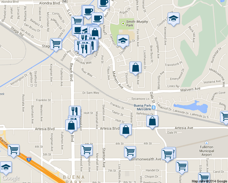 map of restaurants, bars, coffee shops, grocery stores, and more near 5588 Cajon Avenue in Buena Park
