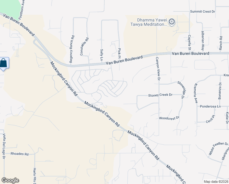map of restaurants, bars, coffee shops, grocery stores, and more near 15181 Van Buren Boulevard in Riverside