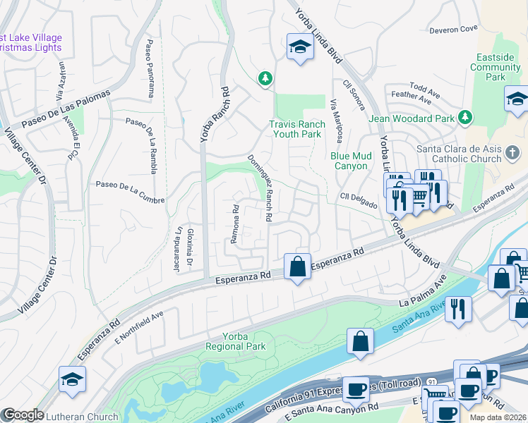 map of restaurants, bars, coffee shops, grocery stores, and more near 21166 Vía Canon in Yorba Linda