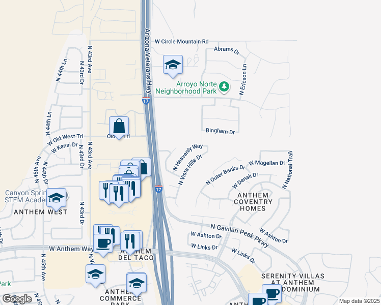 map of restaurants, bars, coffee shops, grocery stores, and more near 43307 North Heavenly Way in New River