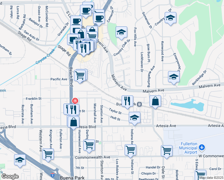 map of restaurants, bars, coffee shops, grocery stores, and more near 5588 Cajon Avenue in Buena Park