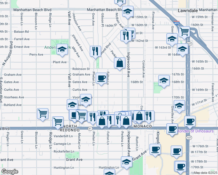 map of restaurants, bars, coffee shops, grocery stores, and more near 2601 Curtis Avenue in Redondo Beach