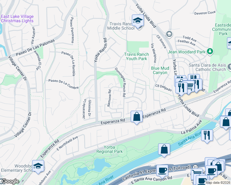 map of restaurants, bars, coffee shops, grocery stores, and more near 21141 Vía Canon in Yorba Linda