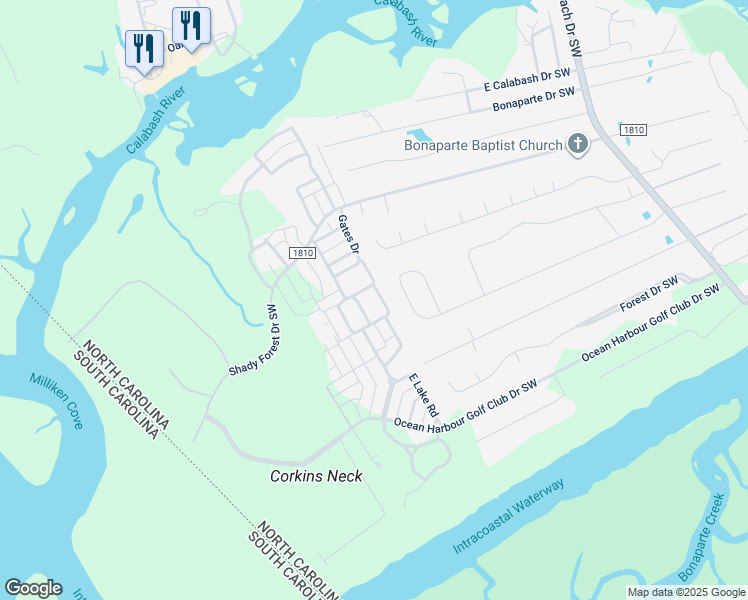 map of restaurants, bars, coffee shops, grocery stores, and more near 9149 East Bramshill Road Southwest in Calabash