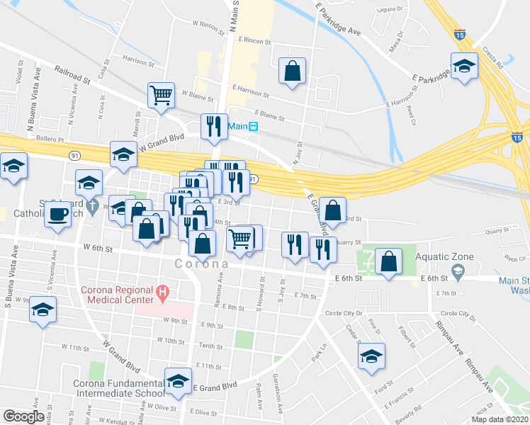 map of restaurants, bars, coffee shops, grocery stores, and more near 306 South Howard Street in Corona