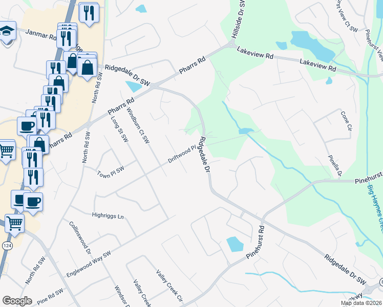 map of restaurants, bars, coffee shops, grocery stores, and more near 1712 Driftwood Pl in Snellville