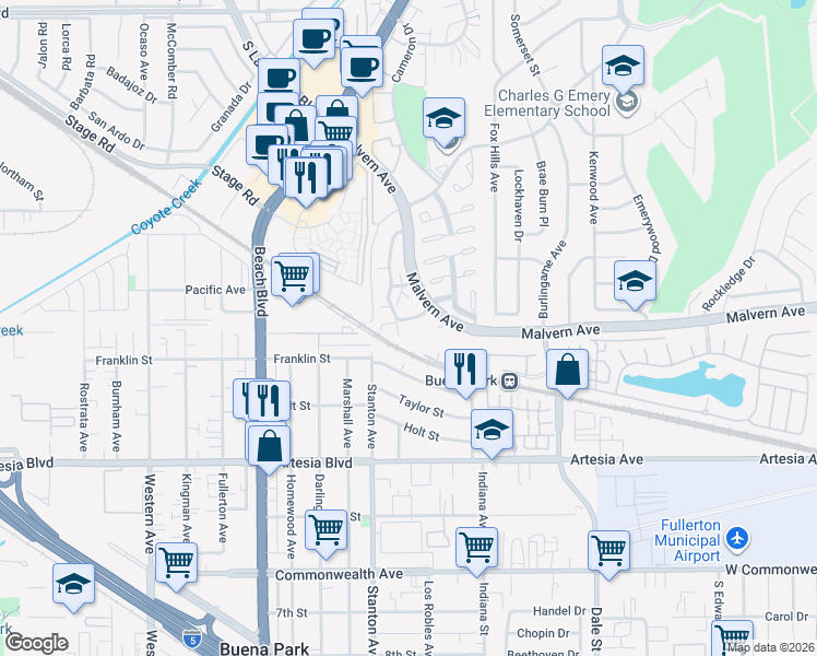 map of restaurants, bars, coffee shops, grocery stores, and more near 5588 Cajon Avenue in Buena Park