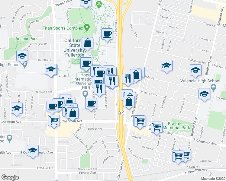 map of restaurants, bars, coffee shops, grocery stores, and more near in Fullerton