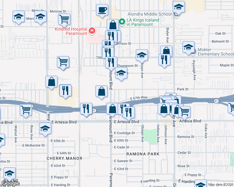 map of restaurants, bars, coffee shops, grocery stores, and more near 6773 Curtis Avenue in Long Beach