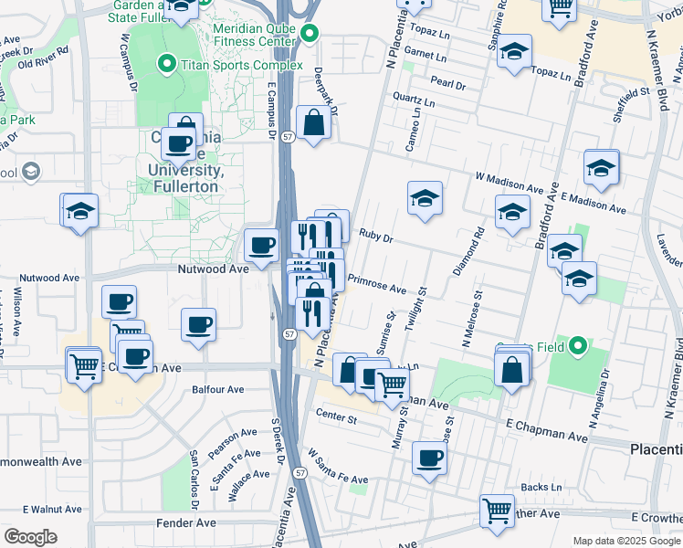map of restaurants, bars, coffee shops, grocery stores, and more near N Placentia Ave & Nutwood Ave in Placentia