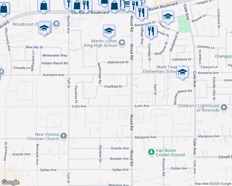 map of restaurants, bars, coffee shops, grocery stores, and more near 18870 Woodcrest Lane in Riverside