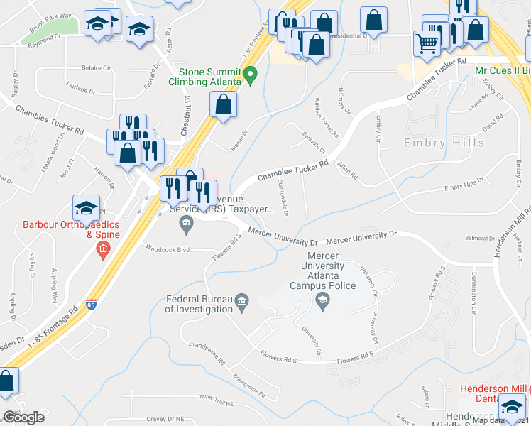 map of restaurants, bars, coffee shops, grocery stores, and more near 3003 Chamblee Tucker Road in Chamblee
