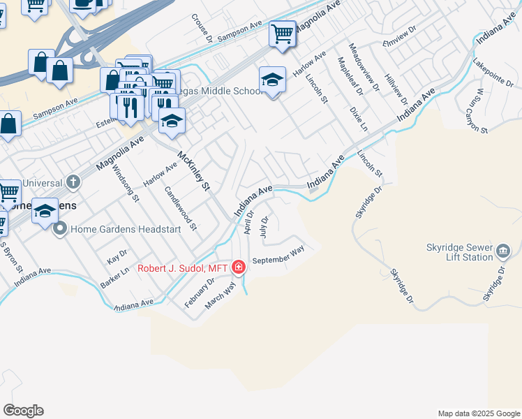map of restaurants, bars, coffee shops, grocery stores, and more near 13022 April Drive in Riverside