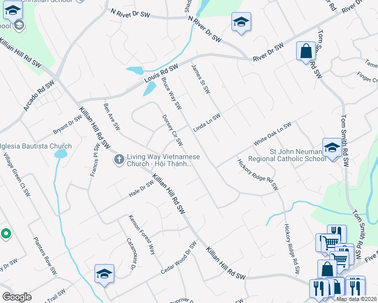 map of restaurants, bars, coffee shops, grocery stores, and more near 567 Dorsey Circle Southwest in Lilburn