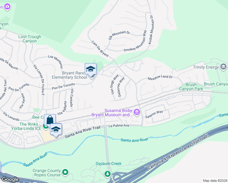 map of restaurants, bars, coffee shops, grocery stores, and more near 5640 Van Gogh Way in Yorba Linda
