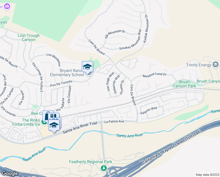 map of restaurants, bars, coffee shops, grocery stores, and more near 5640 Van Gogh Way in Yorba Linda