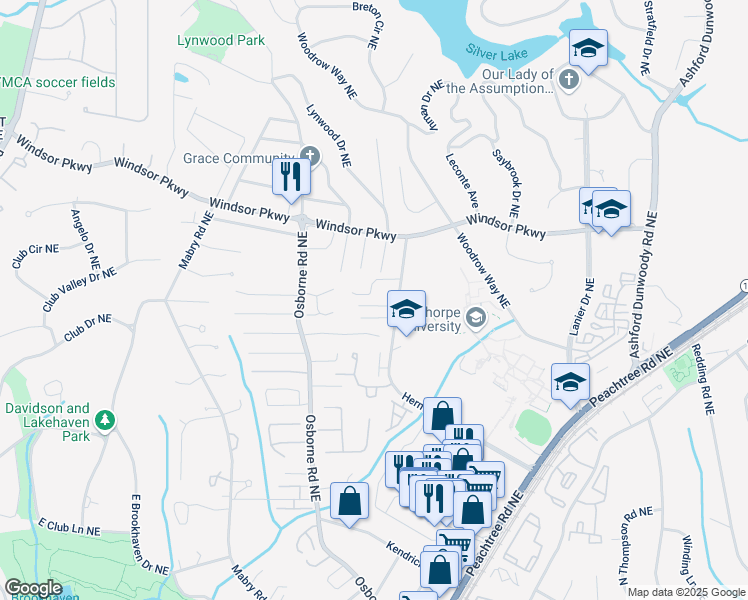 map of restaurants, bars, coffee shops, grocery stores, and more near 1213 Club Walk Drive Northeast in Atlanta