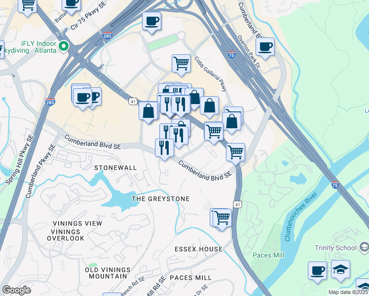 map of restaurants, bars, coffee shops, grocery stores, and more near 3225 Cumberland Boulevard Southeast in Atlanta