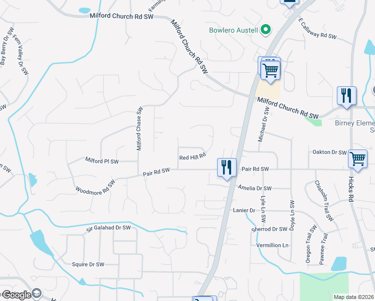 map of restaurants, bars, coffee shops, grocery stores, and more near 1395 Red Hill Road Southwest in Marietta