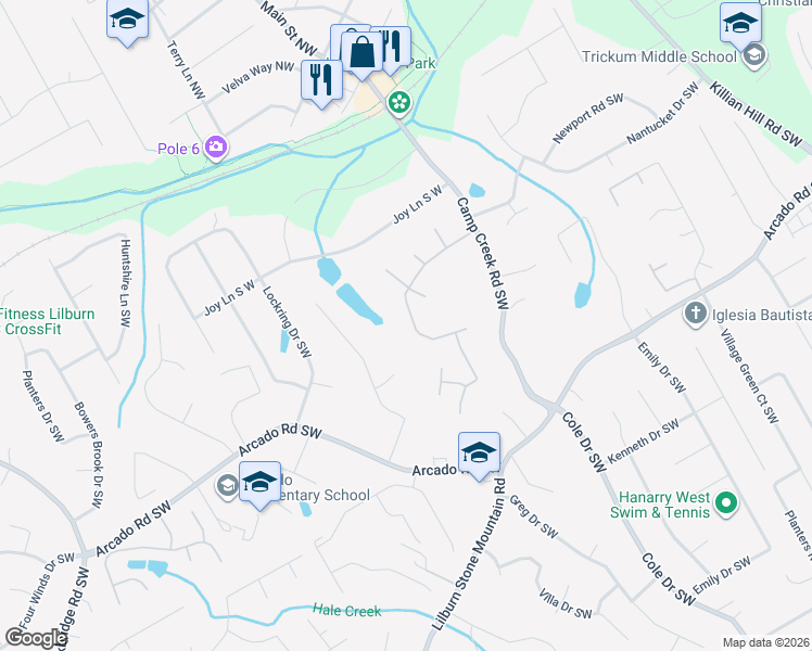 map of restaurants, bars, coffee shops, grocery stores, and more near 5029 Woodfall Drive Southwest in Lilburn