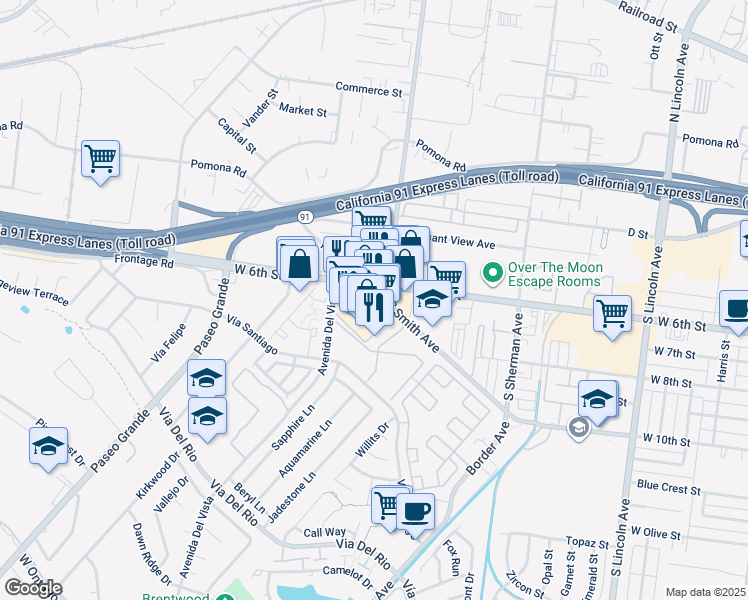 map of restaurants, bars, coffee shops, grocery stores, and more near 1520 West 6th Street in Corona