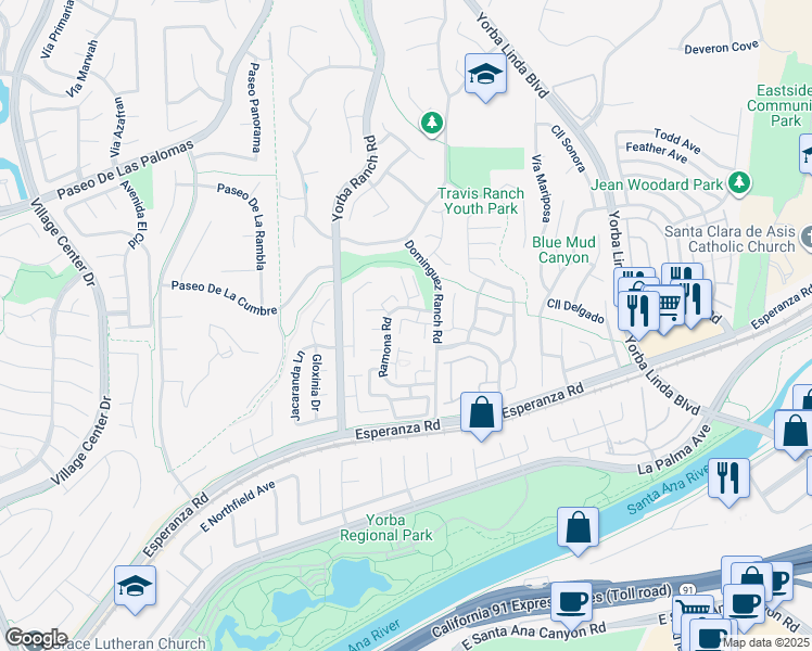 map of restaurants, bars, coffee shops, grocery stores, and more near 21116 Vía Canon in Yorba Linda