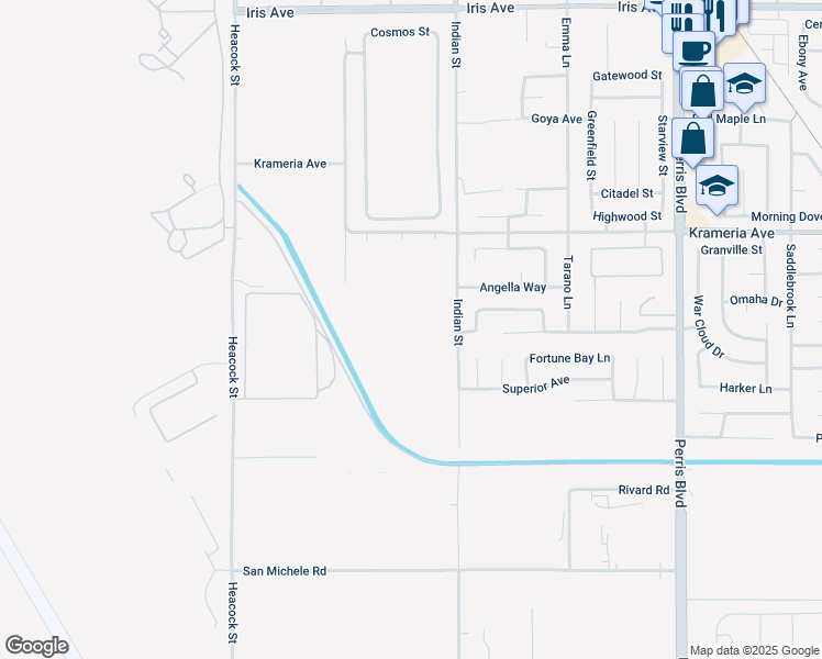 map of restaurants, bars, coffee shops, grocery stores, and more near 24400 Krameria Avenue in Moreno Valley