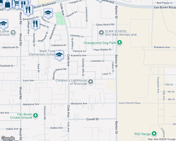 map of restaurants, bars, coffee shops, grocery stores, and more near 19661 Shadowbrook Way in Riverside