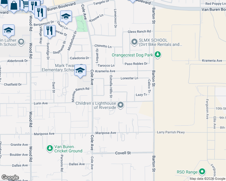 map of restaurants, bars, coffee shops, grocery stores, and more near 19661 Shadowbrook Way in Riverside