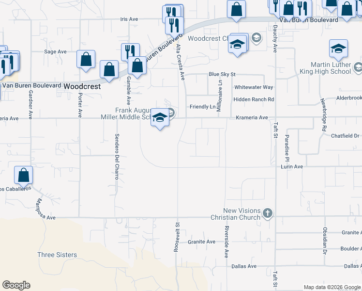 map of restaurants, bars, coffee shops, grocery stores, and more near 18064 Lurin Avenue in Riverside
