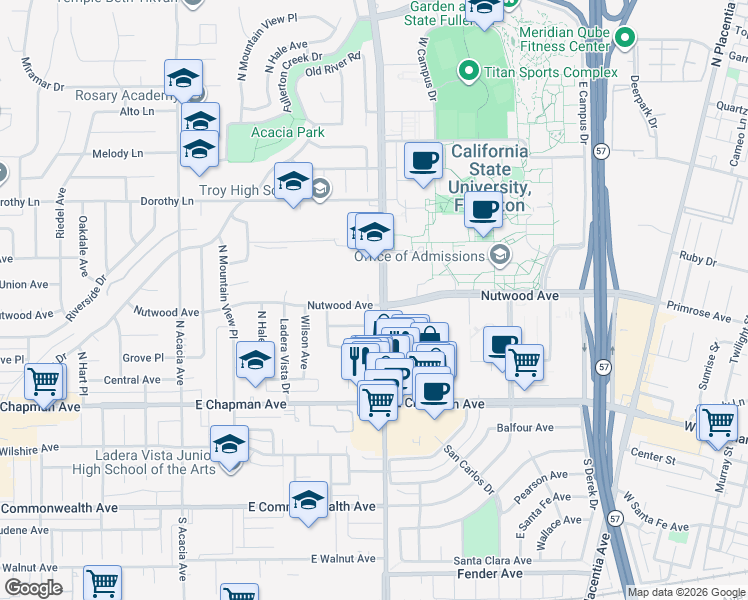 map of restaurants, bars, coffee shops, grocery stores, and more near in Fullerton
