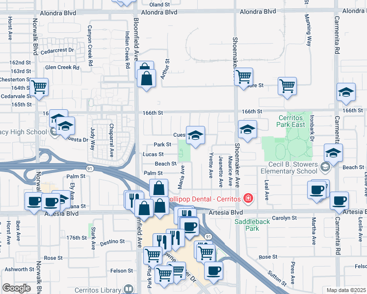 map of restaurants, bars, coffee shops, grocery stores, and more near 12733 Lucas Street in Cerritos