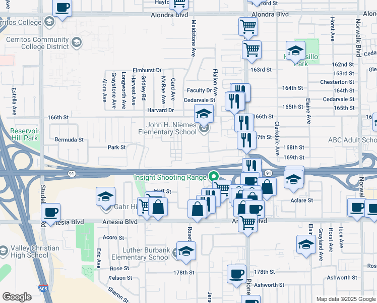 map of restaurants, bars, coffee shops, grocery stores, and more near 11544 168th Street in Artesia