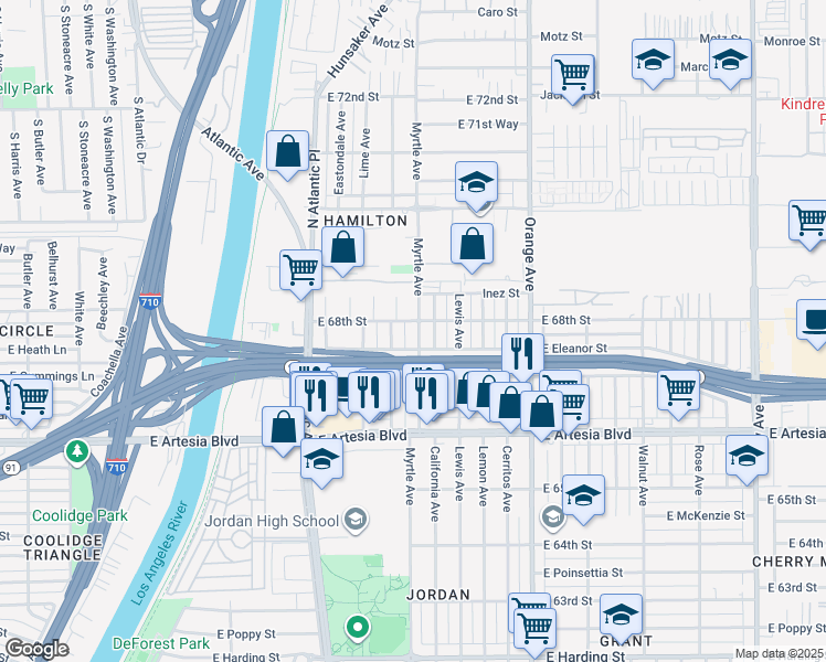 map of restaurants, bars, coffee shops, grocery stores, and more near 6761 Myrtle Avenue in Long Beach