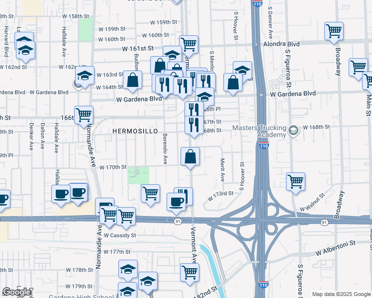 map of restaurants, bars, coffee shops, grocery stores, and more near 16915 Vermont Avenue in Gardena