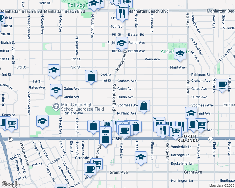 map of restaurants, bars, coffee shops, grocery stores, and more near in Los Angeles County