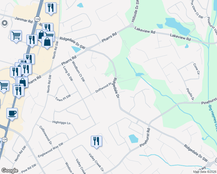 map of restaurants, bars, coffee shops, grocery stores, and more near 1712 Driftwood Place in Snellville