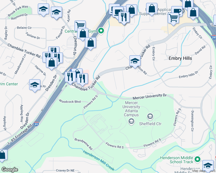 map of restaurants, bars, coffee shops, grocery stores, and more near 3003 Chamblee Tucker Road in Chamblee