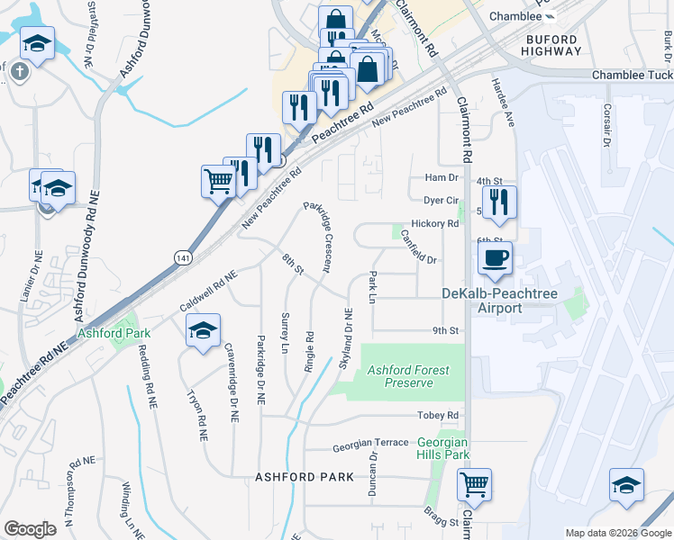 map of restaurants, bars, coffee shops, grocery stores, and more near 3110 Skyland Drive Northeast in Atlanta