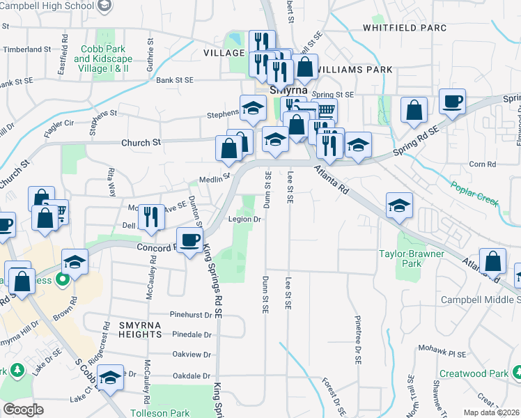 map of restaurants, bars, coffee shops, grocery stores, and more near 3098 Dunn Street Southeast in Smyrna