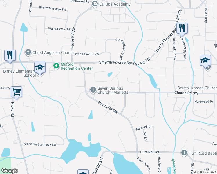 map of restaurants, bars, coffee shops, grocery stores, and more near 3070 Moser Way in Marietta