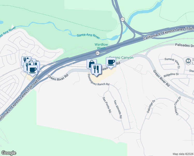 map of restaurants, bars, coffee shops, grocery stores, and more near 4300 Green River Road in Corona